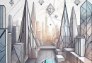 A futuristic cityscape with ethereum symbols integrated into the architecture and digital elements representing defi (decentralized finance) like blockchain and cryptocurrency symbols floating around