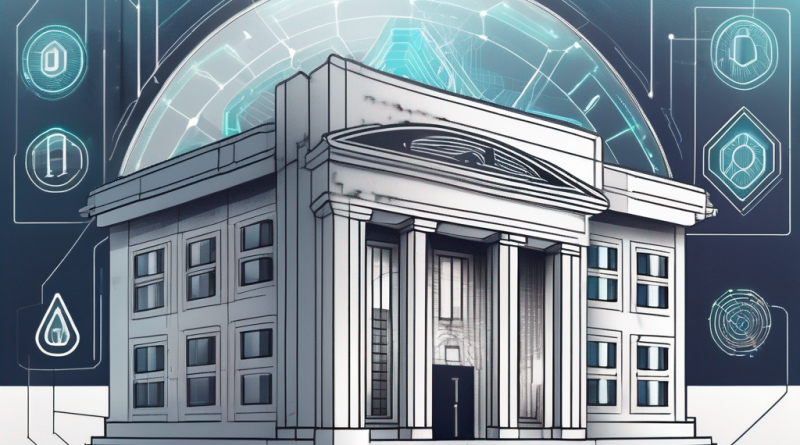 A traditional bank on one side and a futuristic digital interface representing defi on the other
